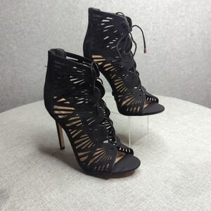 ALDO Black Suede Peep Toe Laser‎ Cut Lace Up High Heel Booties Women's 7.5 Sexy